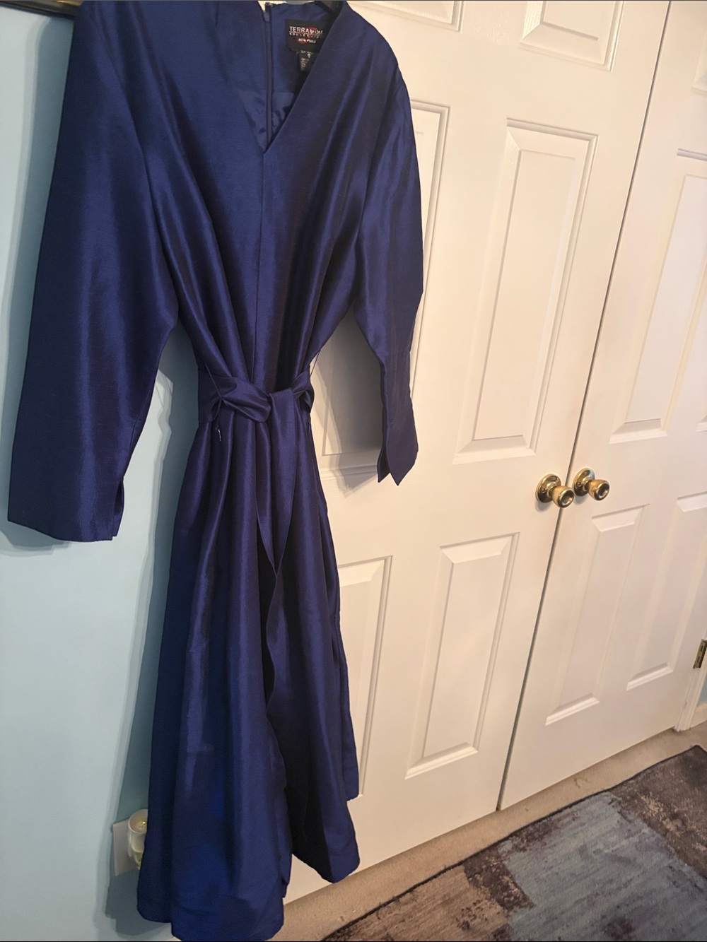 Terramina Deep Blue Satin Wrap Jumpsuit with Tie Waist